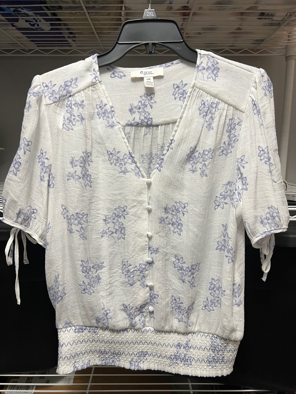 Light Blue Floral Button-Front Puff Sleeve Blouse